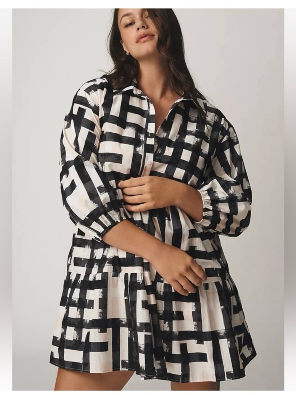 Anthropologie Maeve Bettina Tiered Mini Shirt Dress in Carbon Print size XL